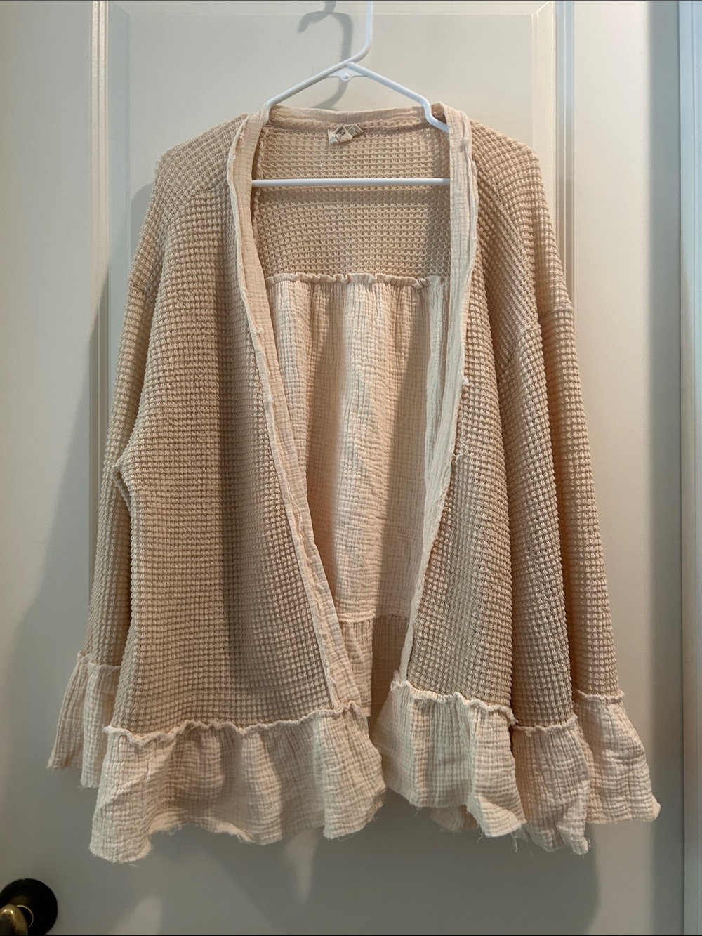 Anthropologie POL Open Front Waffle Ruffle Hem Cardigan oversized size S Cream